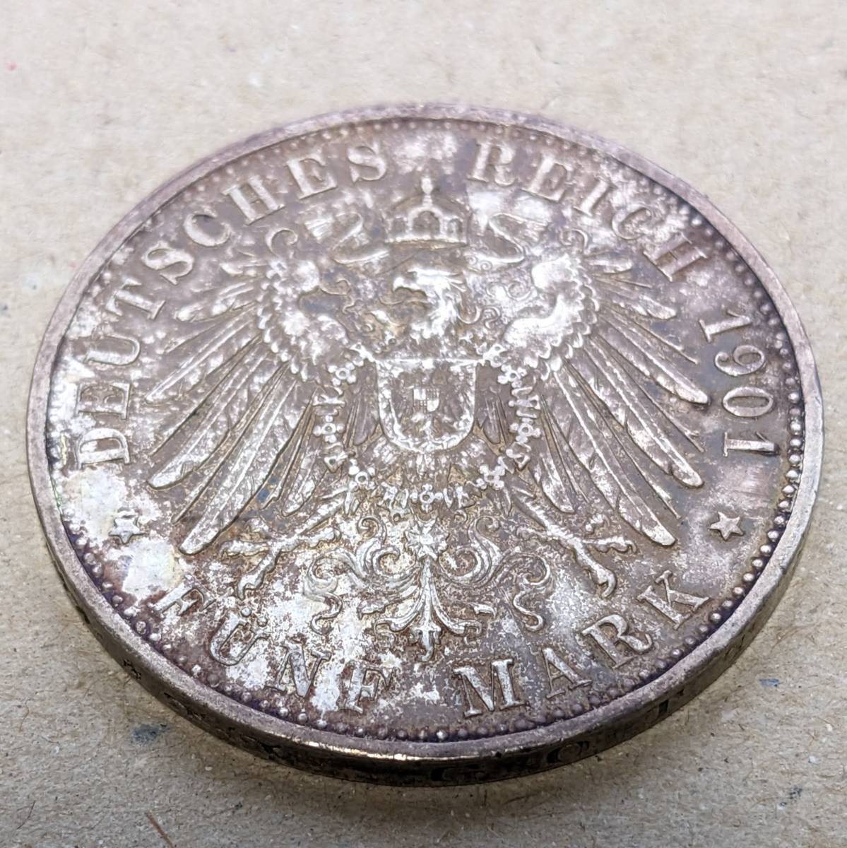 1901年 ドイツ ザクセン マイニンゲン ゲオルグ2世 御生誕75周年記念 5マルク 銀貨 VF ミュンヘンミント_画像4