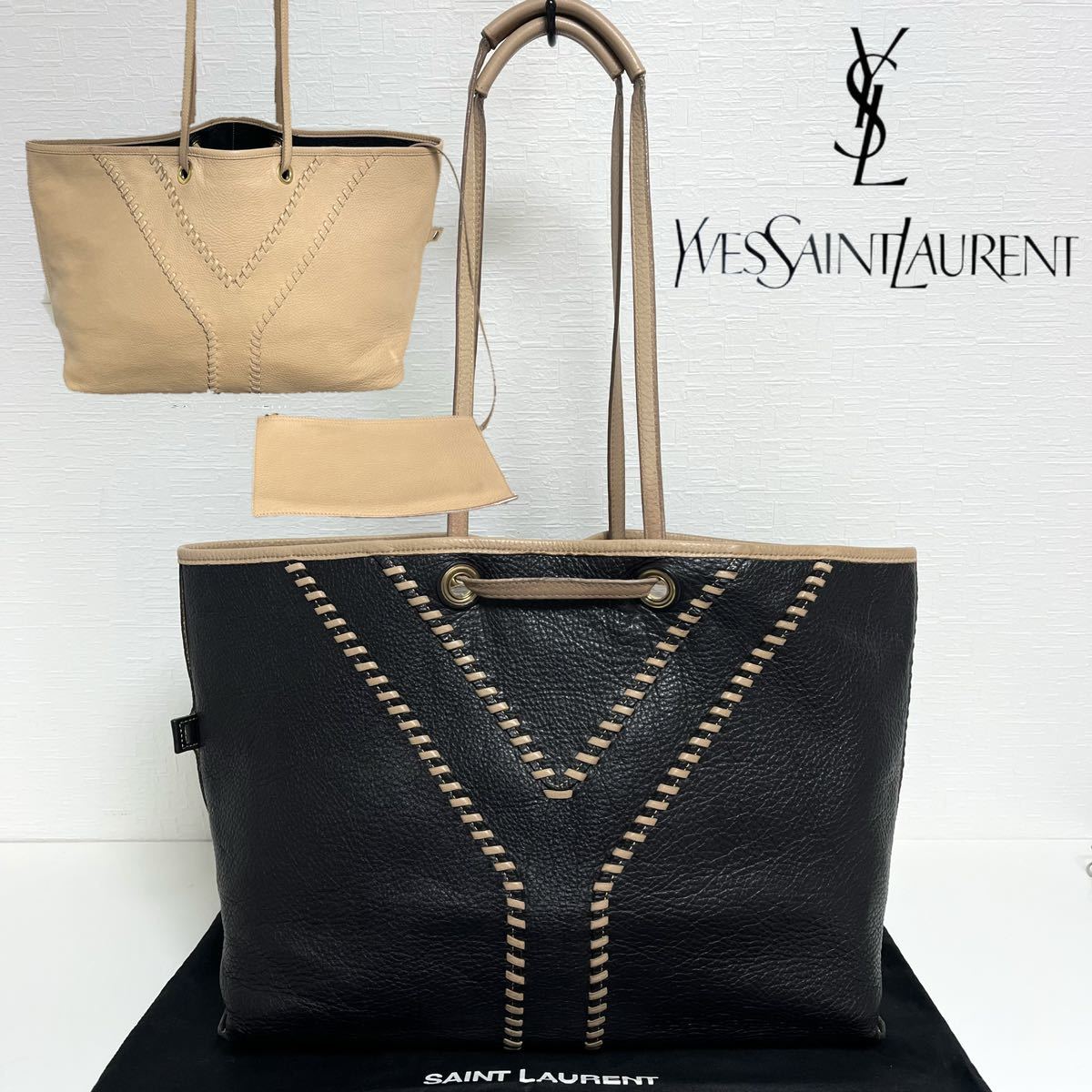 Yves Saint Laurent イヴ サンローラン Neo Double Reversible ポーチ付き ネオダブル リバーシブル オールレザー トートバッグ　ブラック_画像1