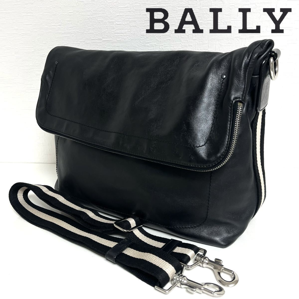 BALLY バリー レザー ショルダーバッグ バリーストライプ 牛革 レザー 本革 メンズ レディース ユニセックス　ブラック　黒色_画像1