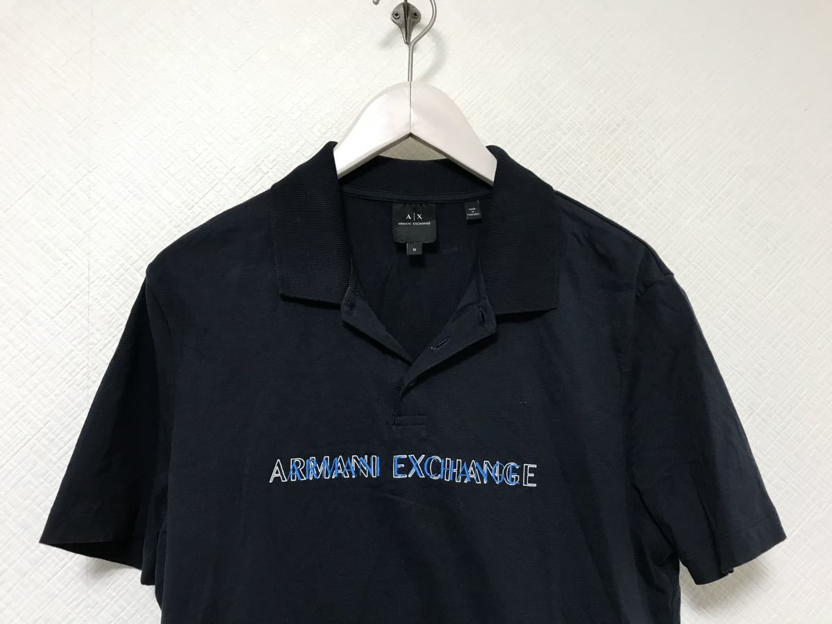 本物アルマーニエクスチェンジARMANI AXコットンロゴ刺繍半袖ポロシャツメンズアメカジサーフミリタリービジネス紺ネイビーMポルトガル製