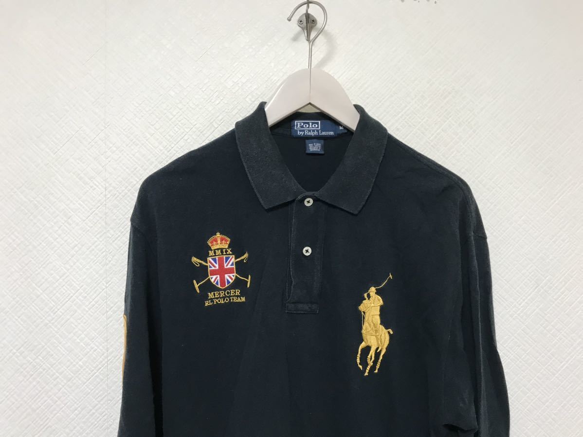 本物ポロラルフローレンPOLO RALPH LAURENコットンロゴ刺繍ビッグポニー長袖ポロシャツメンズアメカジサーフミリタリーゴルフM黒ブラック