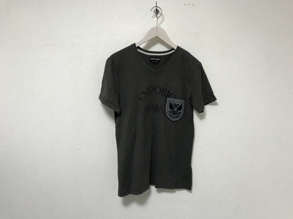 本物エンポリオアルマーニEMPORIO ARMANIコットンVネックプリント半袖TシャツメンズアメカジサーフミリタリービジネススーツグレーS