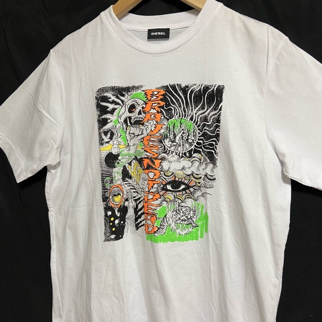 #snc ディーゼル DIESEL Tシャツ XS 白 オレンジ 緑 ドクロ 虎 プリント 半袖 メンズ [811568]_画像3
