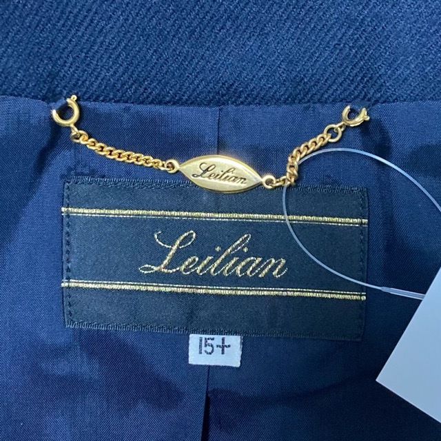 #wnc レリアン Leilian スカートスーツ 15+ 紺 茶 ノーカラー チェック 金ボタン ドイツ製生地 大きいサイズ レディース [809868]_画像7