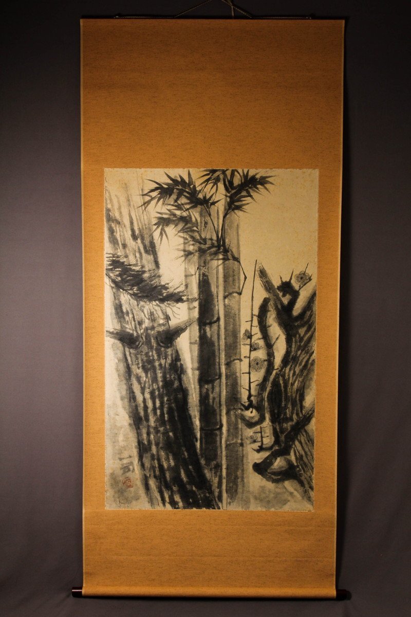 佳香 赤羽根一司 松竹梅 肉筆 水墨画 紙本 掛軸 共箱 栞 本物保証