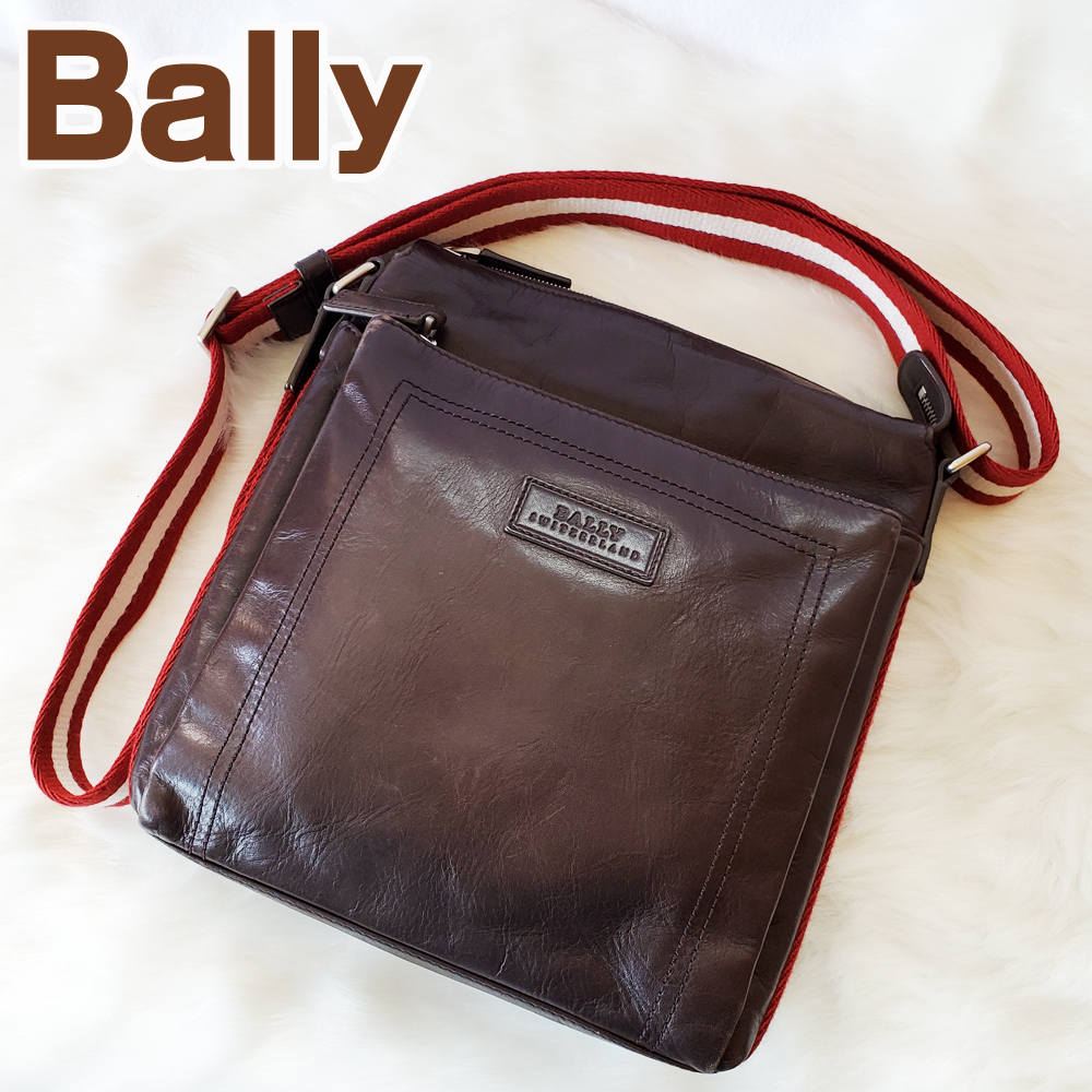 【美品】BALLY バリートレインスポッティング ショルダーバッグ 本革 レザー ダークブラウン茶色 レッド ホワイト