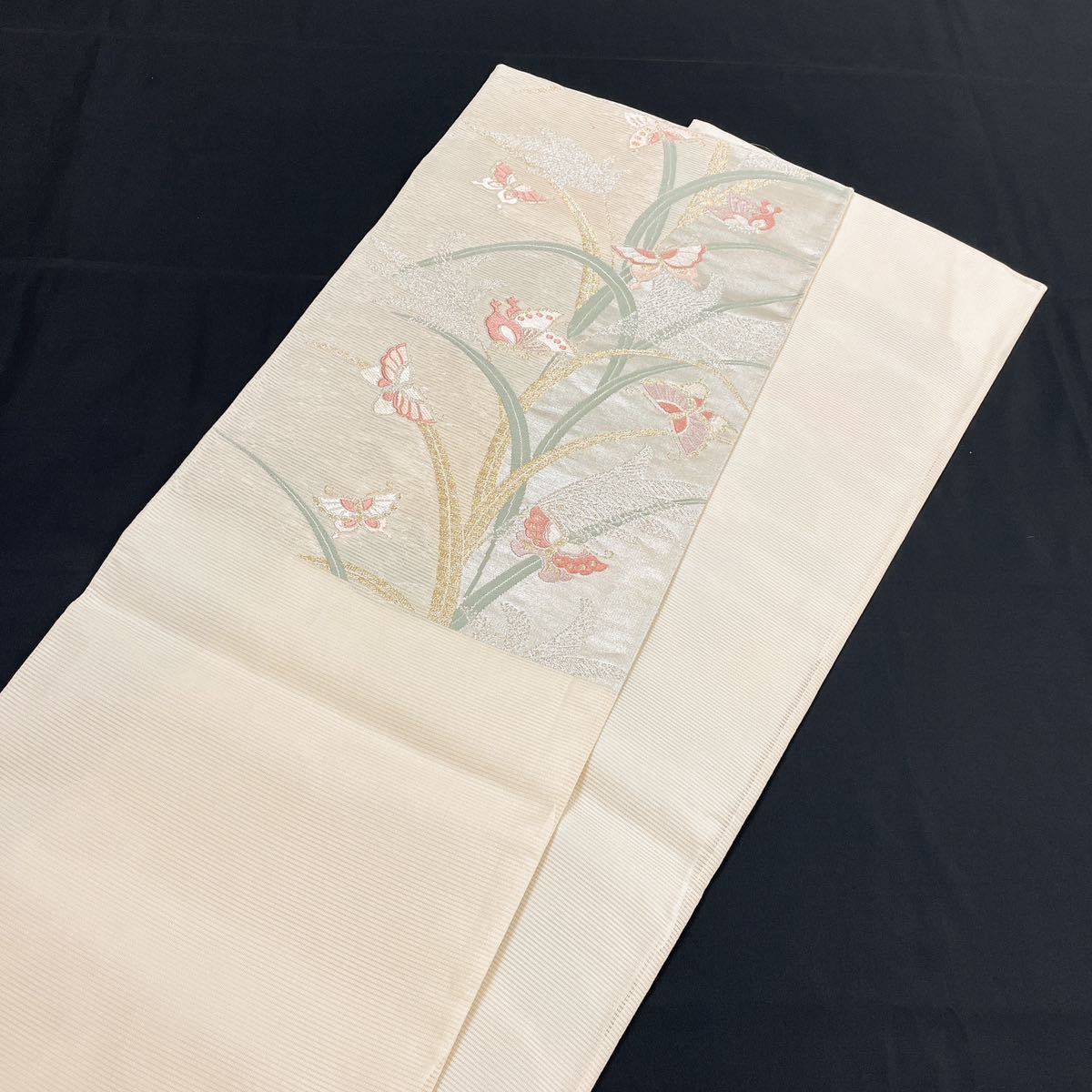 着物月花 唐織 絽 蝶々文様 夏袋帯 六通柄 正絹 金銀糸 夏帯 ob622