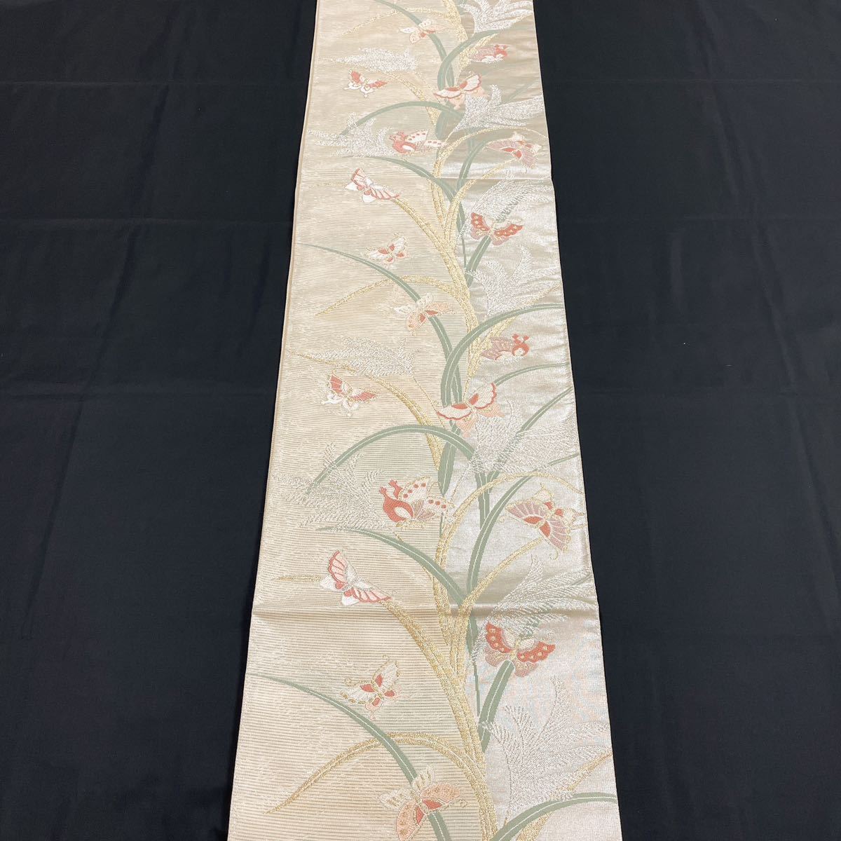 着物月花 唐織 絽 蝶々文様 夏袋帯 六通柄 正絹 金銀糸 夏帯 ob622
