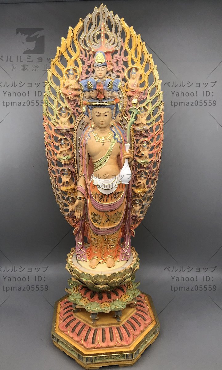 最新作 総檜材 木彫仏像 仏教美術 精密細工 聖観音菩薩立像 仏師手