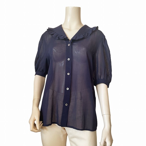 【新品】 QM新品同様☆クロエ*Chloe★濃紺系★コットン100%★綿ローン★たっぷりフリルトリム★パフスリーブ★清涼5分袖ブラウス★42号(L相当)/夏 半袖シャツ 【新品】 QM新品同様☆クロエ*Chloe★濃紺系★コットン100%★綿ローン★たっぷりフリルトリム★パフスリーブ★清涼5分袖ブラウス★42号(L相当)/夏 半袖シャツ