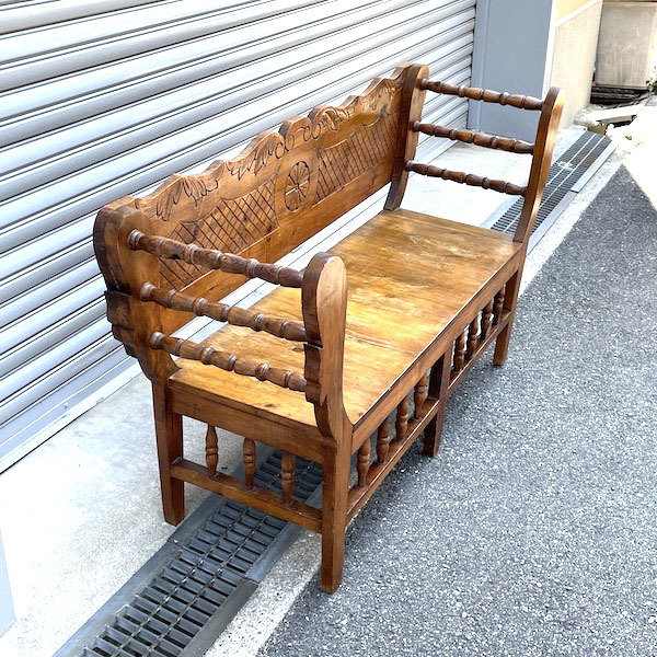 ビンテージ　木製ベンチ　二人掛けソファ　ハワイ風　バリ風