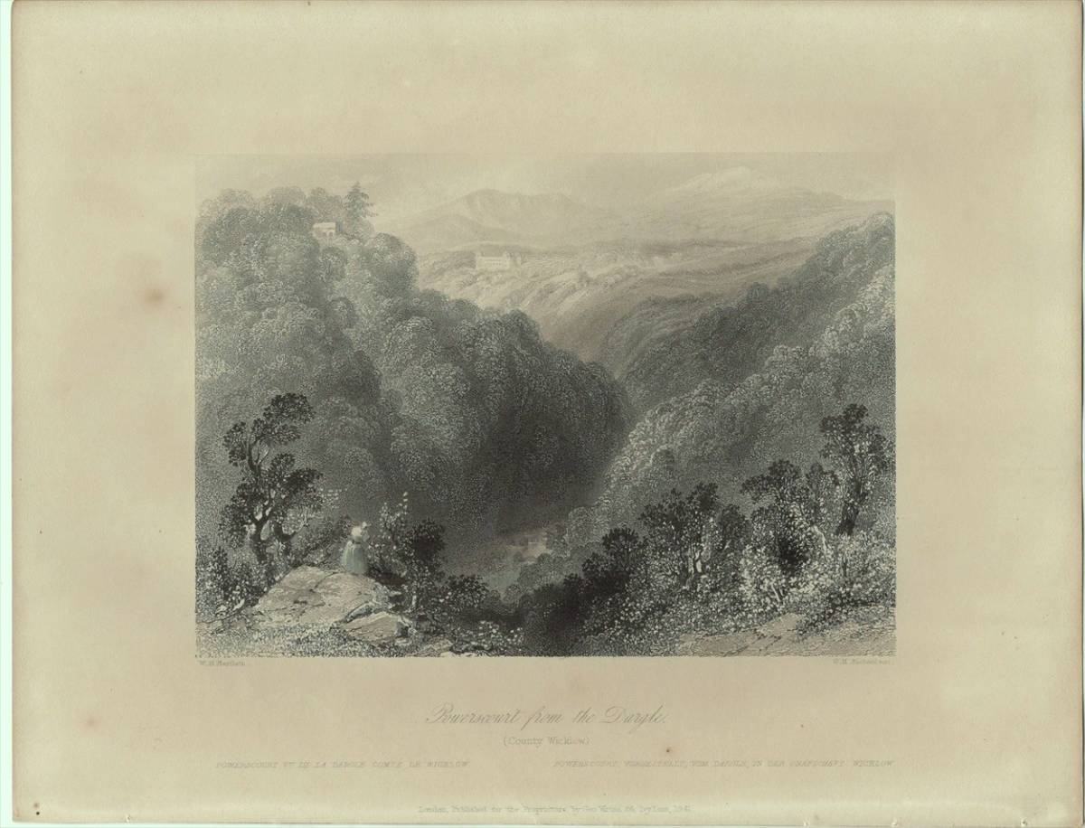 1842年 Bartlett アイルランドの風景と遺跡 鋼版画 ダーグルからパワーズコートの眺望 Powerscourt,from the Dargle ウィックロー州_画像1