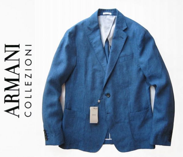 ◇本物◇ARMANI COLLEZIONI◇上質リッチ◎麻100%JKT濃ブルー54 新品