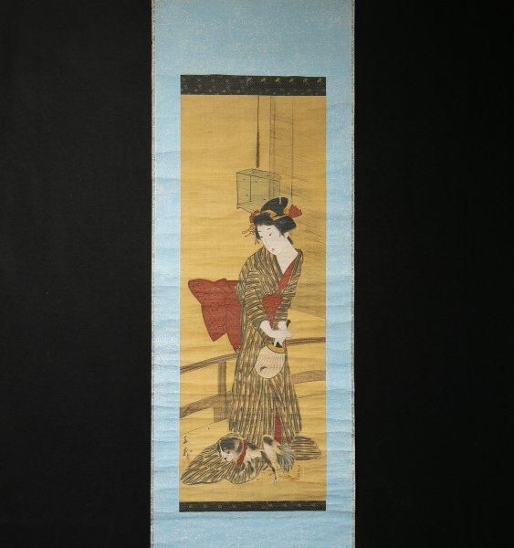 374【模写】 三畠上龍　美人と猫　江戸後期の浮世絵師　上方風俗画