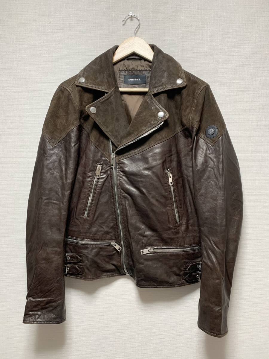 [Diesel] 17SS 定価119,900 L-BOAT スウェード切替 ダブルライダース レザージャケット L ブラウン 羊革 ディーゼル