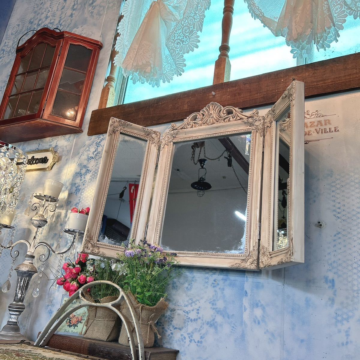 アンティークな部屋 おしゃれな鏡 三面鏡 ⑧ ウォールミラー 2WAY 折畳み式 壁掛け鏡 置き鏡 #インテリア装飾品 #ドレッサーミラー