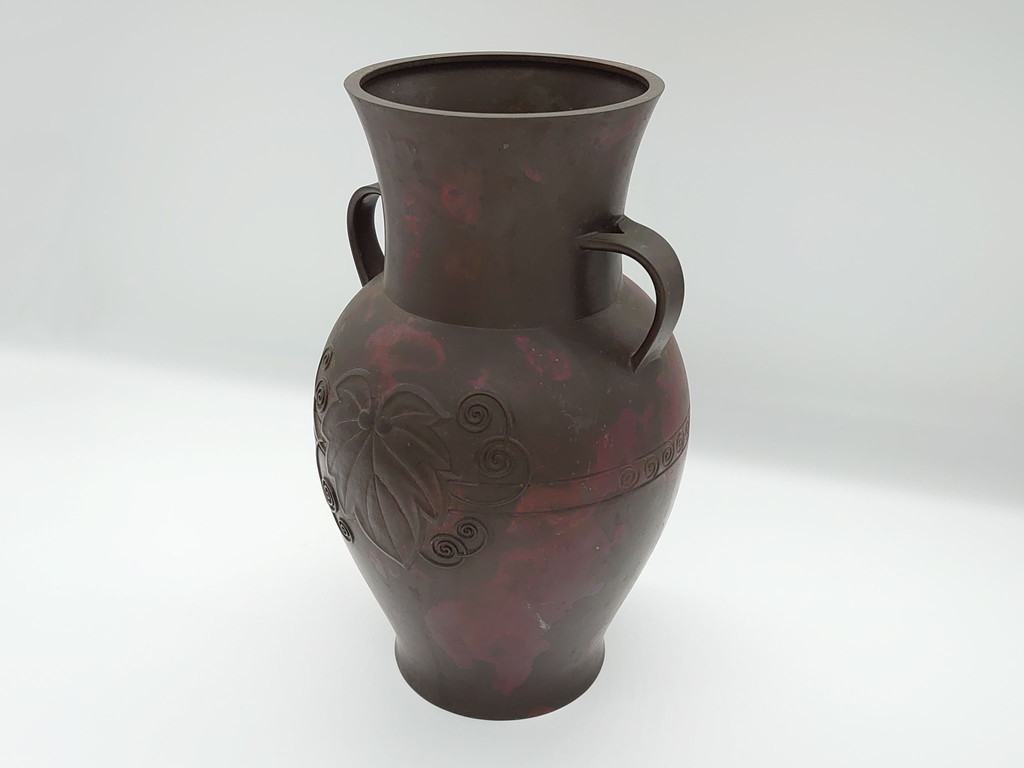 R-063125　斑紫銅　葡萄文　双耳花入(在銘、紫斑銅、花生、花瓶、花器)(R-063125)