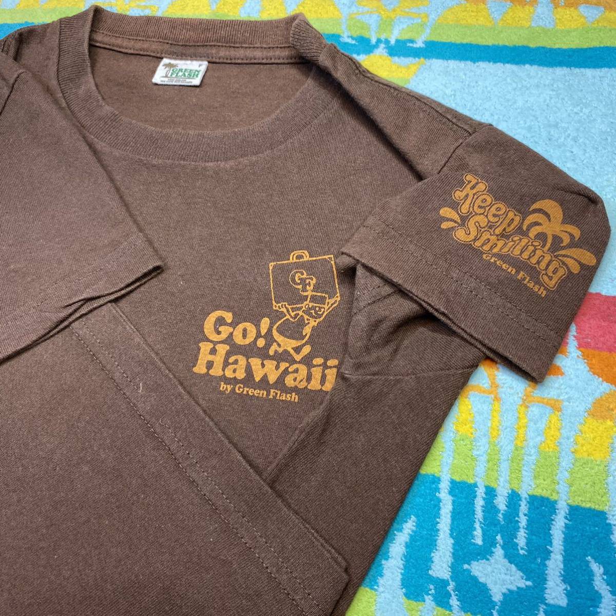 レアHawaii満載!絵柄雰囲気良好!Hawaiian Local Shops Logo Design!GREEN FLASHハワイShopロゴ スーベニア アドバタイジング サーフTシャツ_脇下シミ無綺麗 肩テープ補強 袖裾ダブルS
