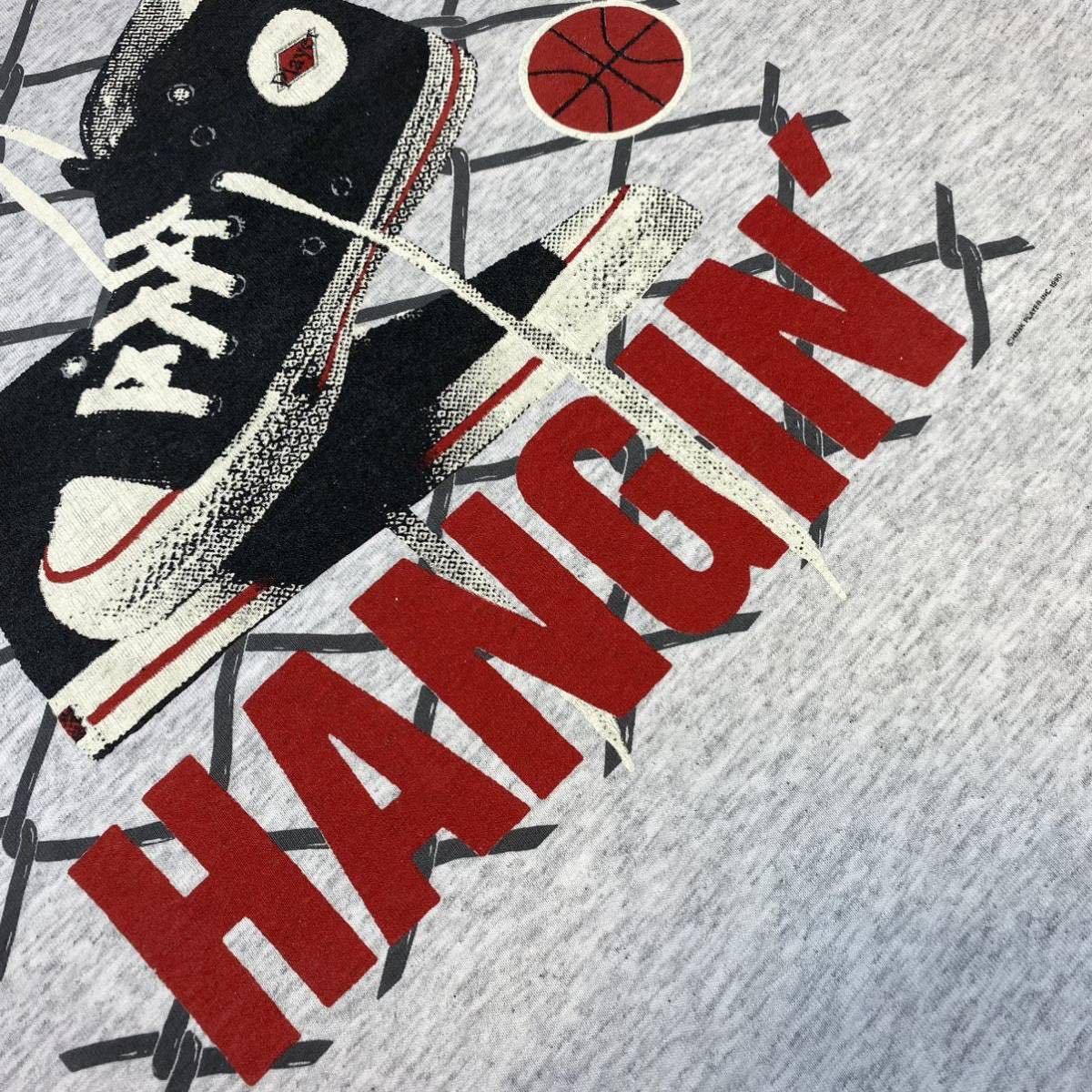 激レア入手困難90年製90sビンテージMADE in USA製HANK Player USA Basketball HANGIN'Shoesハンクプレイヤー シングルステッチ丸胴TシャツM_White多め奥行きある杢霜降 アッシュグレー