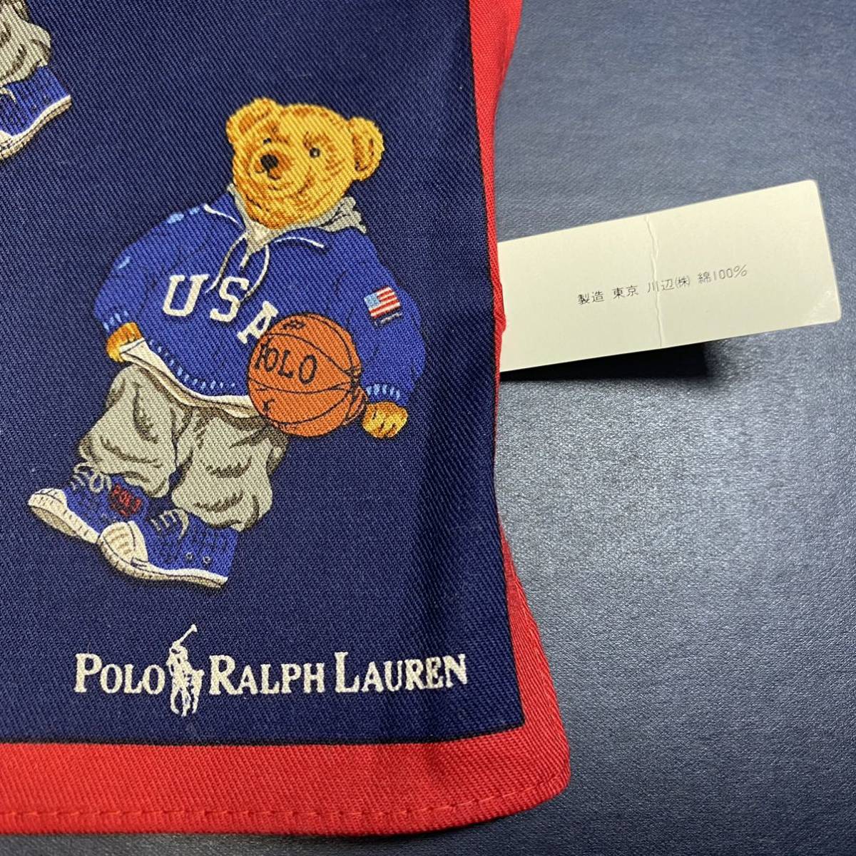 大人気ポロベア稀少廃版College Basket Bear新品タグ付川辺日本製Polo Ralph Laurenラルフローレン バスケット ベア ハンカチ バンダナ約52_確かなしつらえ【川辺（株）謹製 日本製】