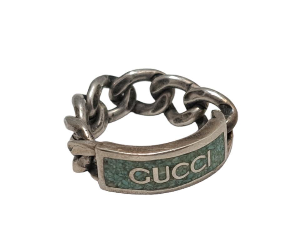 GUCCI グッチ 指輪 チェーンリング SV925 ロゴエナメルリング ブルー ゴルメットチェーンリング 【中古】