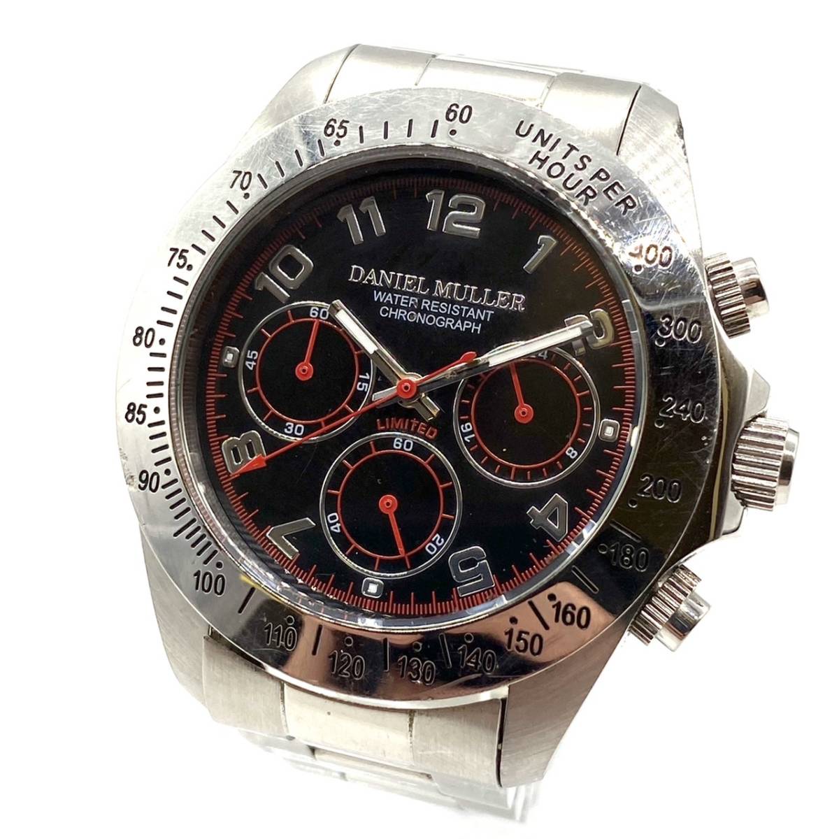 ■【稼働品】 DANIEL MULLER ダニエルミューラー DM-2003 リミテッド クロノグラフ QZ クォーツ 腕時計 黒文字盤 ブラック シルバー 現状品の画像1