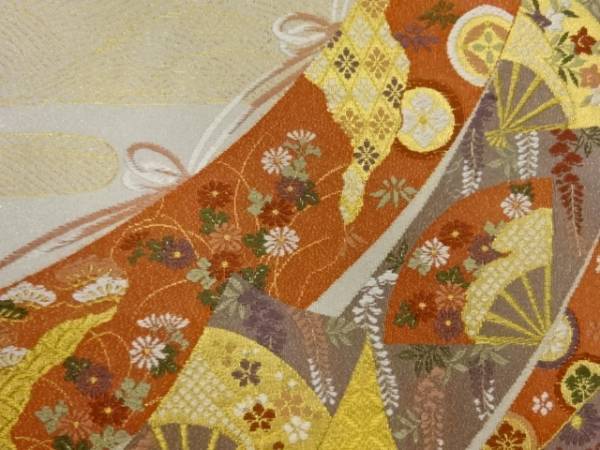 登場! ys6439541; 綴れ几帳に扇・花々・鶴模様織出し袋帯【リサイクル