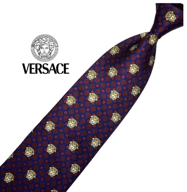 ★美品★ VERSACE ネクタイ メデューサ ドット柄 パターン柄 ヴェルサーチェ 切り替えし USED 中古 t414_画像1