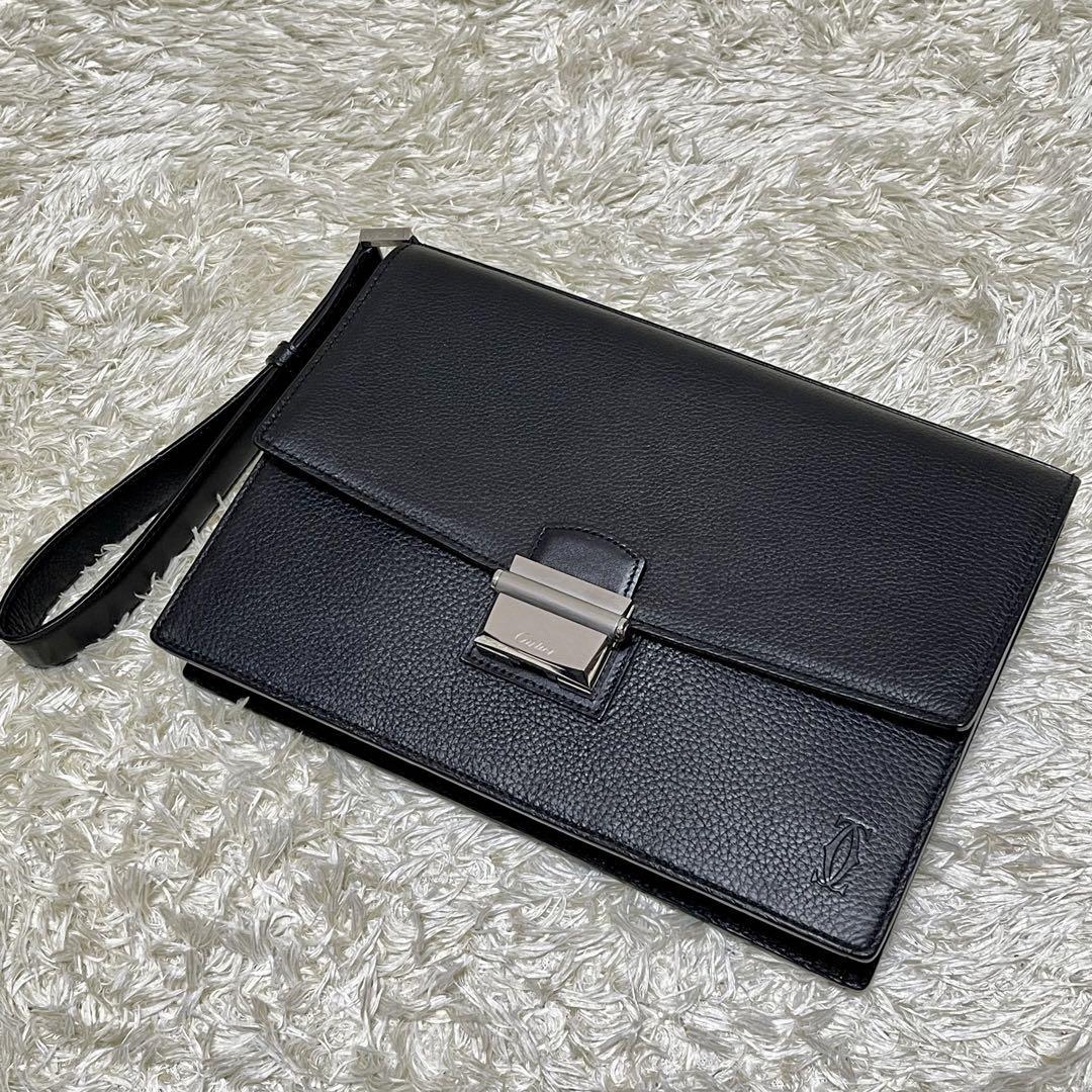 美品】カルティエ パシャ クラッチバッグ サファイア装飾 レザー 黒