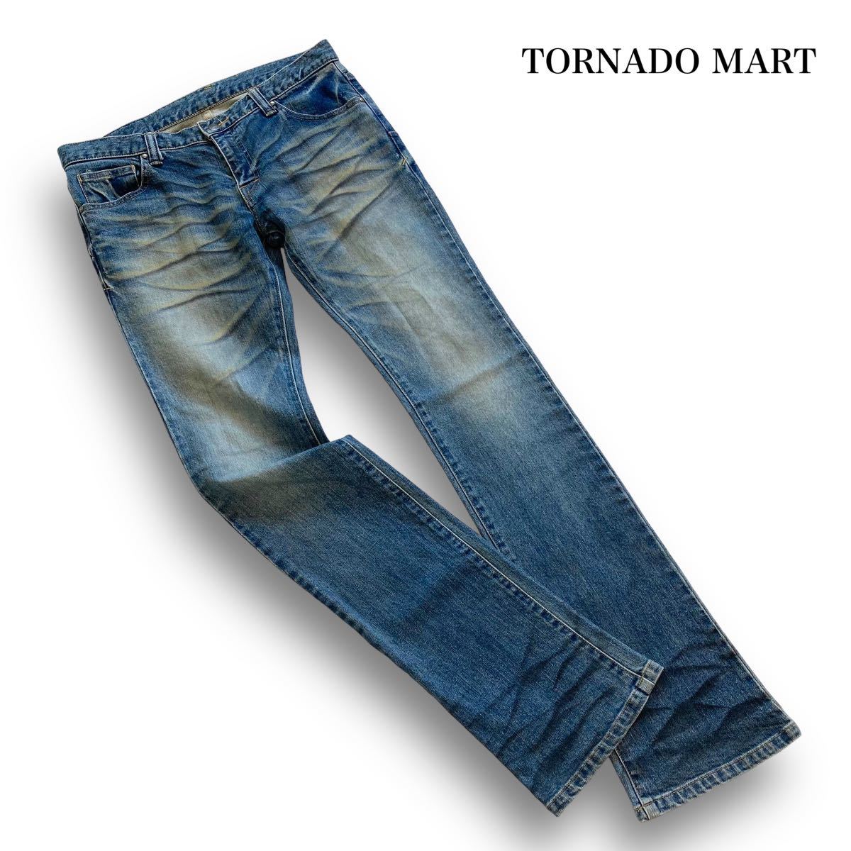 【TORNADO MART】トルネードマート鬼ヒゲ ハチノス フレアデニムパンツ ユーズド加工 刻印スタッズ 牛革レザーパッチ ストレッチ ジーンズ