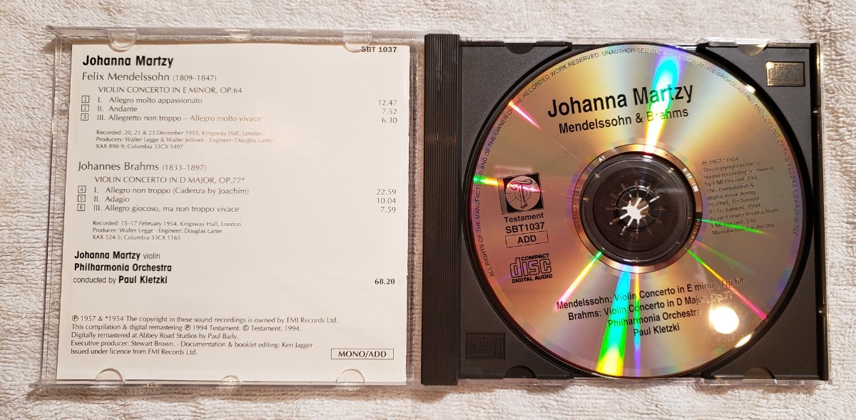 JOHANNA MARTZY ヨハンナ・マルツィ 、メンデルスゾーン &ブラームス ヴァイオリン協奏曲 MENDELSSOHN BRAHMS TESTAMENT SBT1037の画像3
