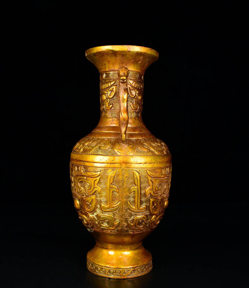 ▽鴻▽戦 青銅製 塗金雙龍耳圓瓶 置物 古賞物 中国古玩 中国古美術