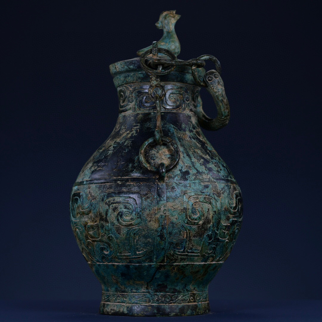 ▽鴻▽ 漢 青銅製 立鳥チェーン瓶 置物 古賞物 中国古玩 中国古美術
