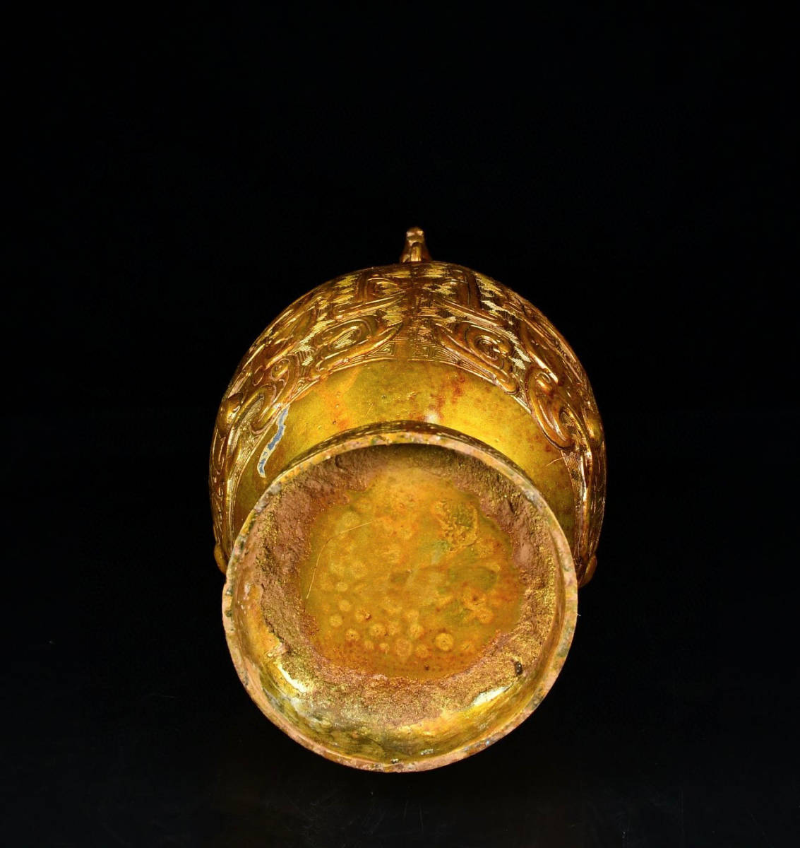 ▽鴻▽戦 青銅製 塗金雙龍耳圓瓶 置物 古賞物 中国古玩 中国古美術
