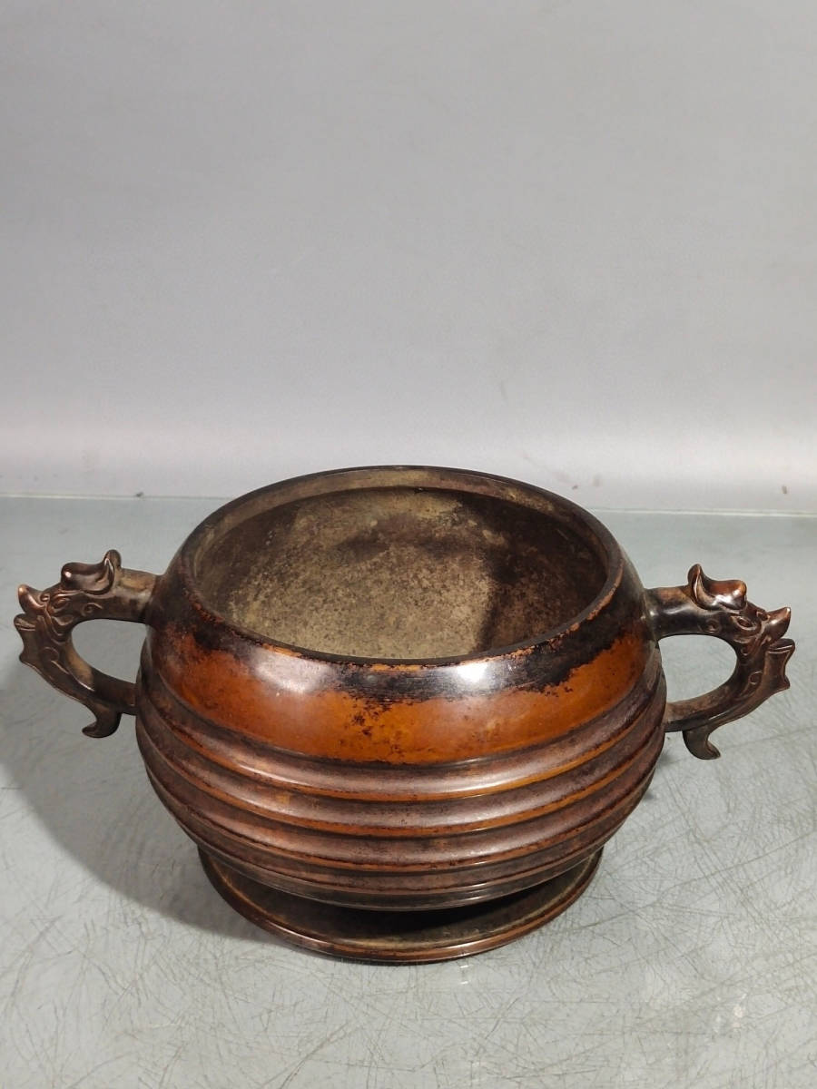 逆輸入 熏香炉 雙龍耳 ▽鴻▽紫銅製 置物 中国古美術 中国古玩 古賞物
