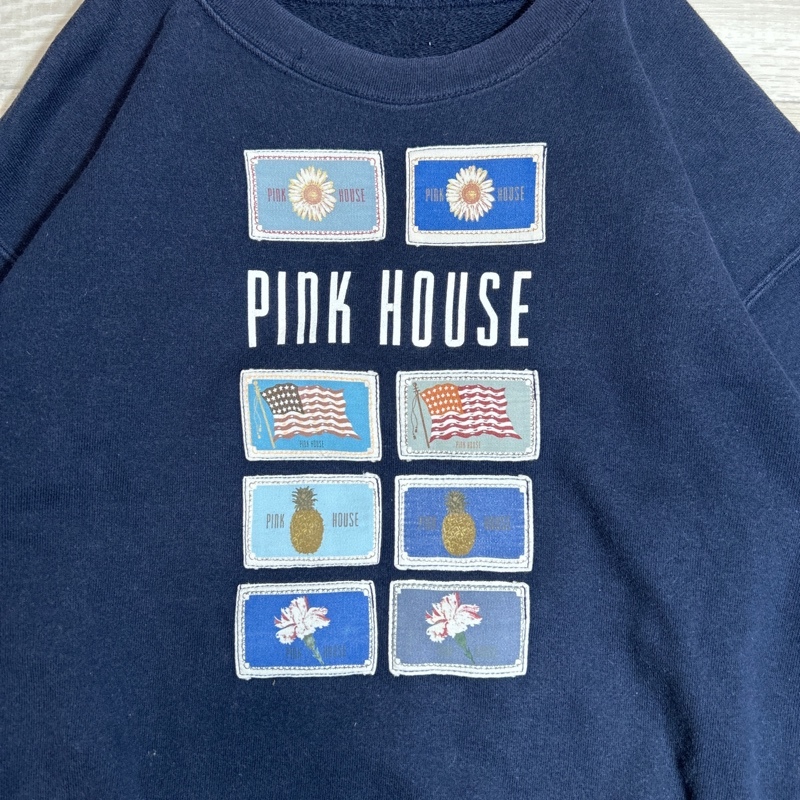 PINK HOUSE/ Pink House / нашивка дизайн вырез лодочкой тренировочный / темно-синий / национальный флаг × цветочный принт × ананас / футболка 