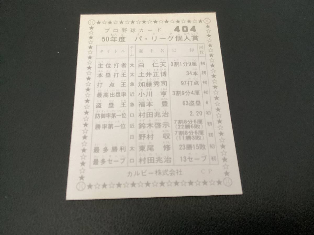 良品　カルビー76年　パリーグ個人賞　No.404　プロ野球カード_画像2