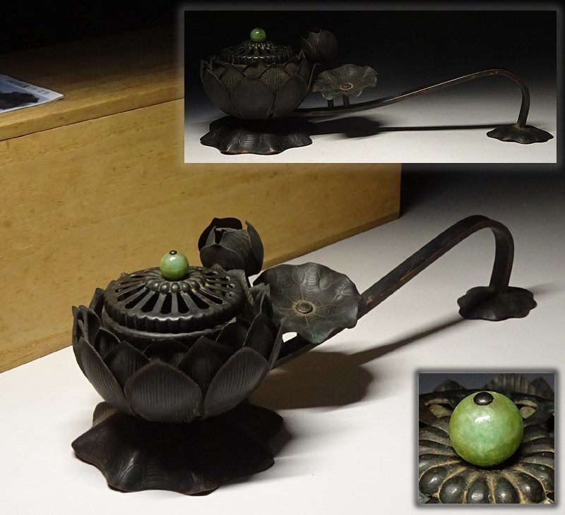 緑屋i□ 仏教美術 古銅 蓮華彫 柄香炉 手燭 燭台 全長約28cm 箱付 密教