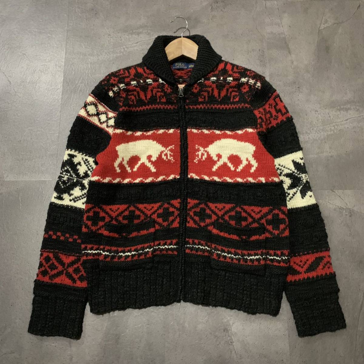 N ☆ 希少!!ヴィンテージ/TALONジップ使用'国内正規品'『POLO RALPH LAUREN』ノルディック柄 ニットジャケット/カーディガン L アウター_画像1