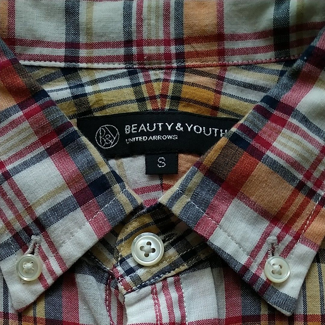 【美品！】BEAUTY＆YOUTH メンズフルオープンチェックシャツ　S　半袖　コットンⅩ麻