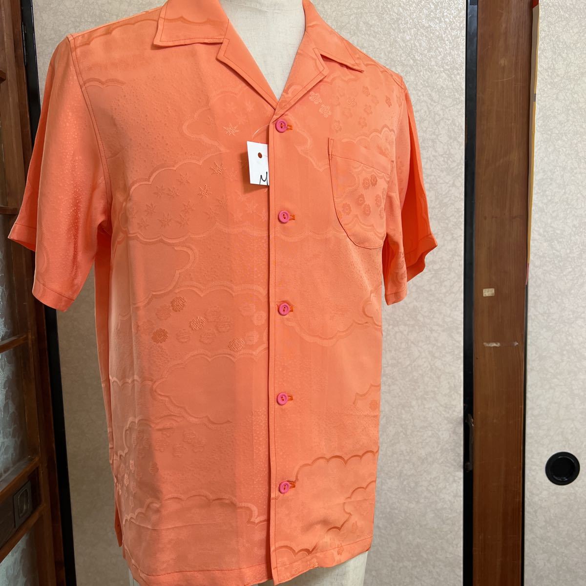 着物リメイクーアロハシャツーオレンジ色ー総柄半袖シャツ_画像1