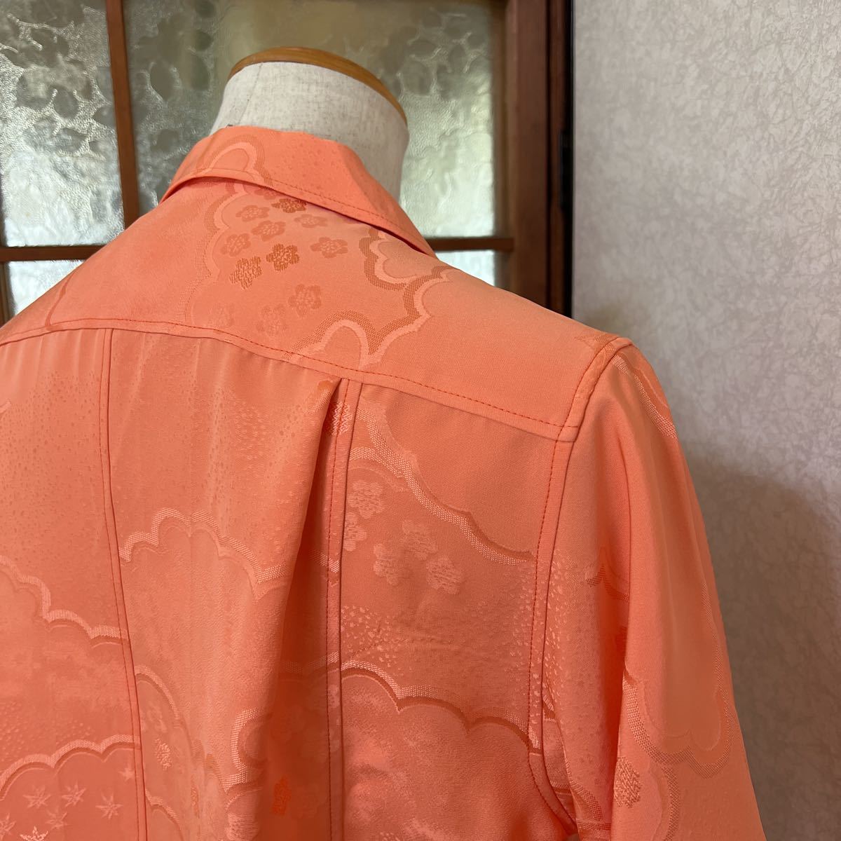 着物リメイクーアロハシャツーオレンジ色ー総柄半袖シャツ_画像9