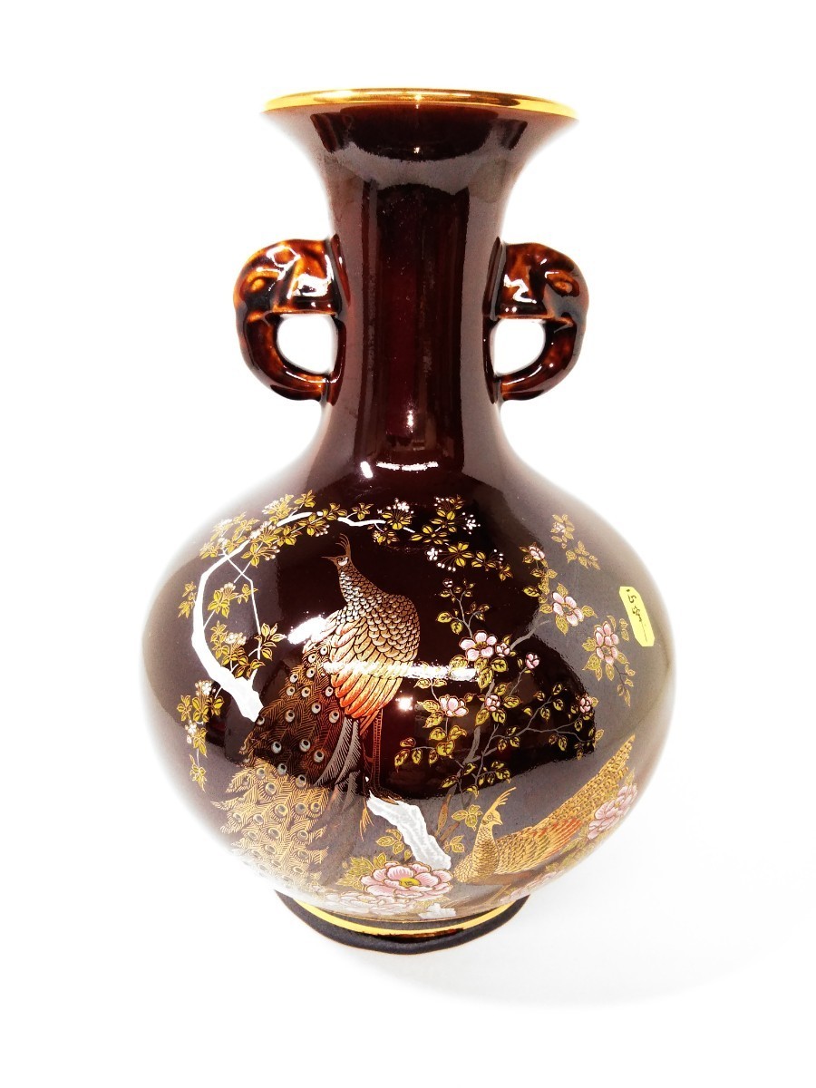 西峰造り孔雀金彩耳付き花器花瓶華道華道具花入生花花壺瓶アンティーク