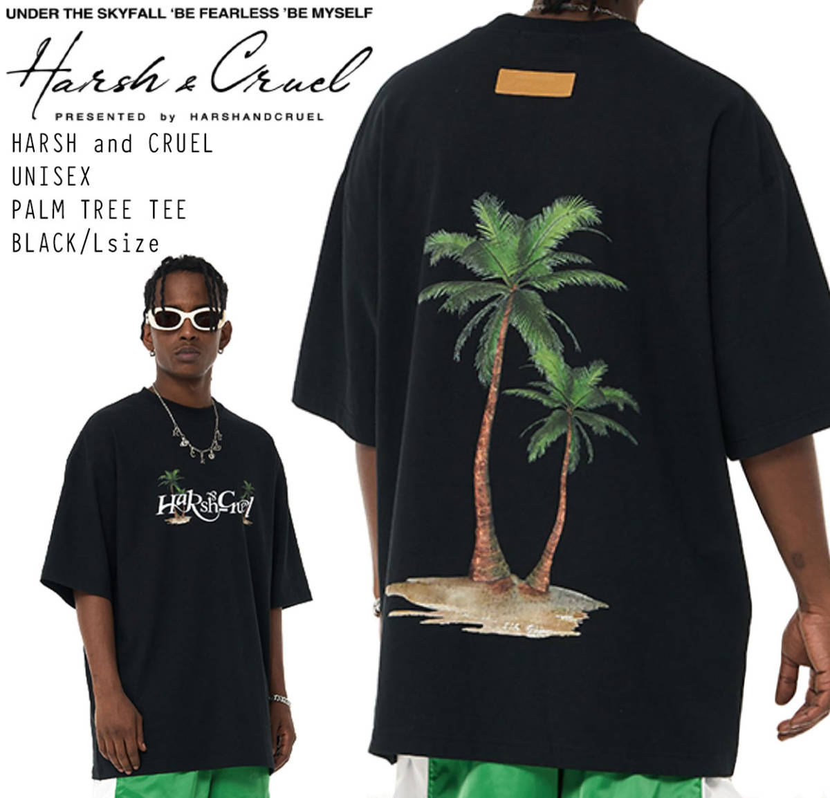 【 HARSH AND CRUEL 】 ハーシュアンドクルーエル 正規品 ユニセックス ビッグサイズ オーバーサイズ パームツリー Tシャツ ブラック L_画像1