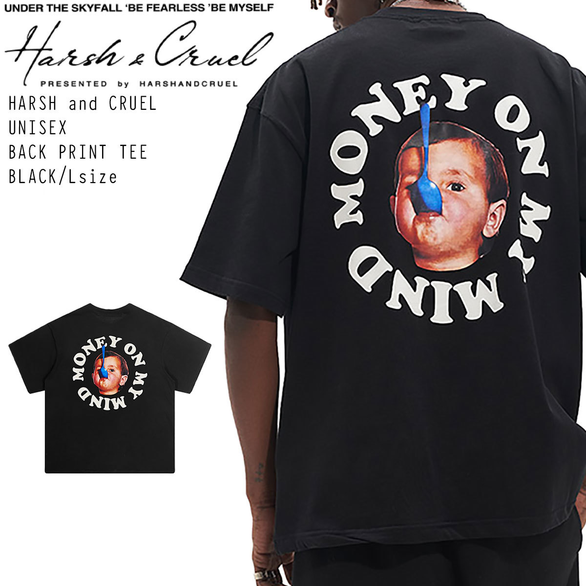 【 HARSH AND CRUEL 】 ハーシュアンドクルーエル 正規品 ユニセックス ビッグサイズ オーバーサイズ バックプリント Tシャツ ブラック L_画像1