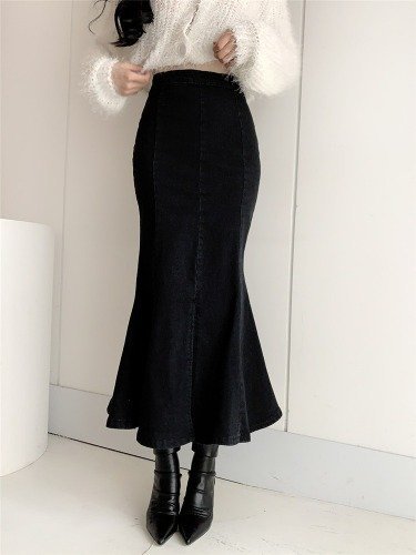 レディース 韓国ファッション ロングスカート ハイウエスト デニム フィッシュテールスカート ブルー M