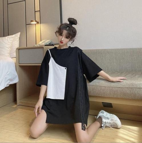 韓国風 女夏新しい 大きいサイズ半袖Tシャツ 気質ファッションTシャツ 学生Tシャツ ブラック L