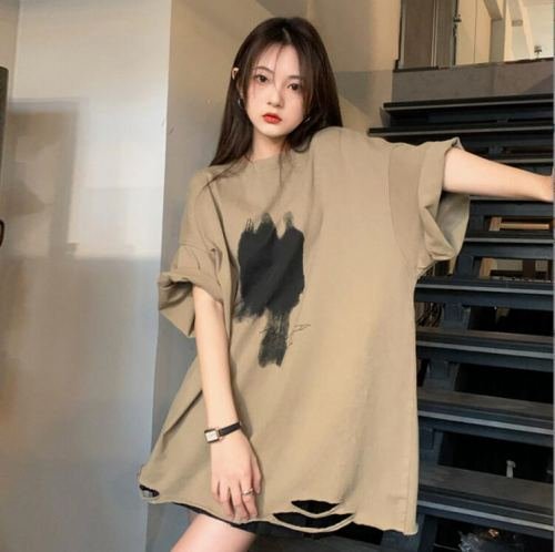 韓国風 女夏新しい 大きいサイズ半袖Tシャツ 気質ファッションTシャツ 学生Tシャツ カーキ 2XL