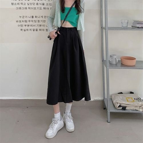 レディース 韓国ファッション ヤングスタイル ハイウエスト ロングスカート ギャザリング ブラック L
