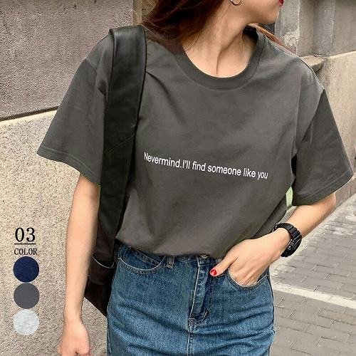 レディース Tシャツ レディーストップス 半袖 カットソー 韓国ファッション 体型カバー 英字ロゴ グレー